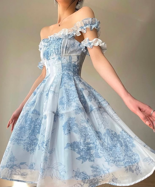 Pretty Floral Homecoming Dress , Printed Patterns Flowy Corset Mini Summer Dress RS1467