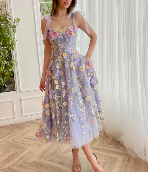 Dreamy Purple Prom Gown , Floral Pattern Tulle Corset Midi Birthday Dress RS1502