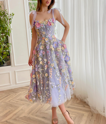 Dreamy Purple Prom Gown , Floral Pattern Tulle Corset Midi Birthday Dress RS1502