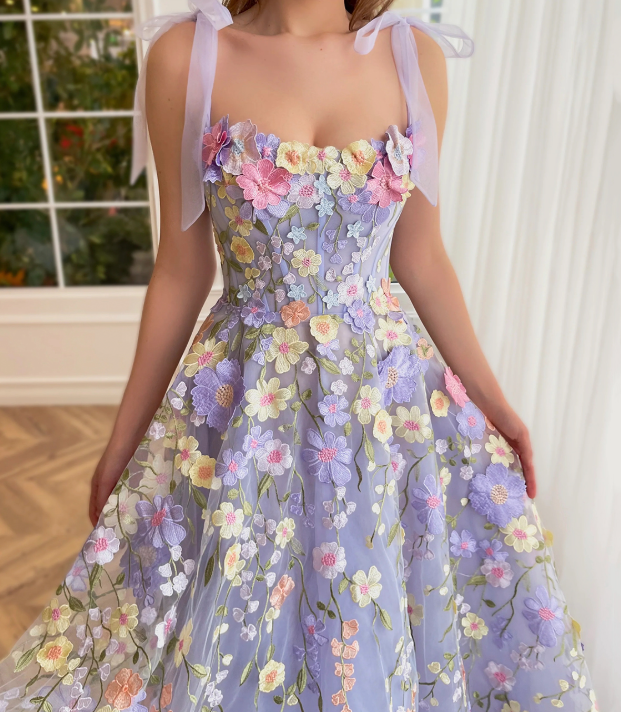 Dreamy Purple Prom Gown , Floral Pattern Tulle Corset Midi Birthday Dress RS1502