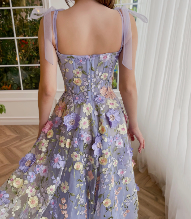 Dreamy Purple Prom Gown , Floral Pattern Tulle Corset Midi Birthday Dress RS1502
