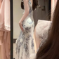 Ink painting suspender dress new style high-end feeling super beautiful tea break French long skirt R0463