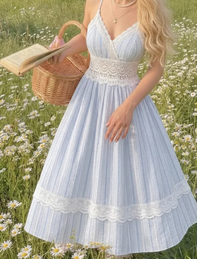 Hazy Pale Blue Prom Gown , Striped Lace Trim Corset Midi Summer Dress RS1503