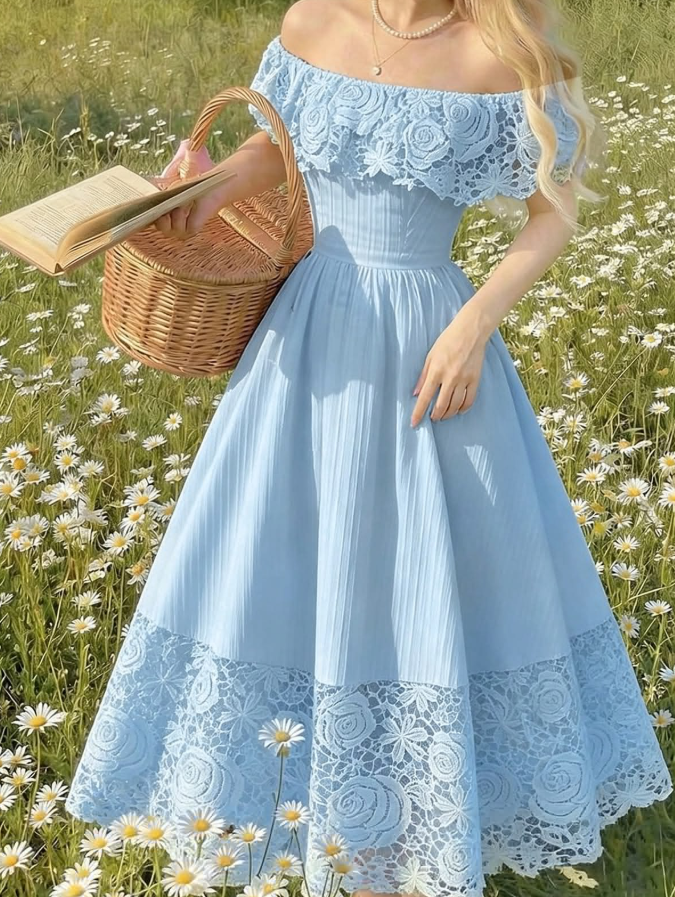 Fresh Baby Blue Prom Gown , Hazy Lace Trim Corset Midi Summer Dress RS1504