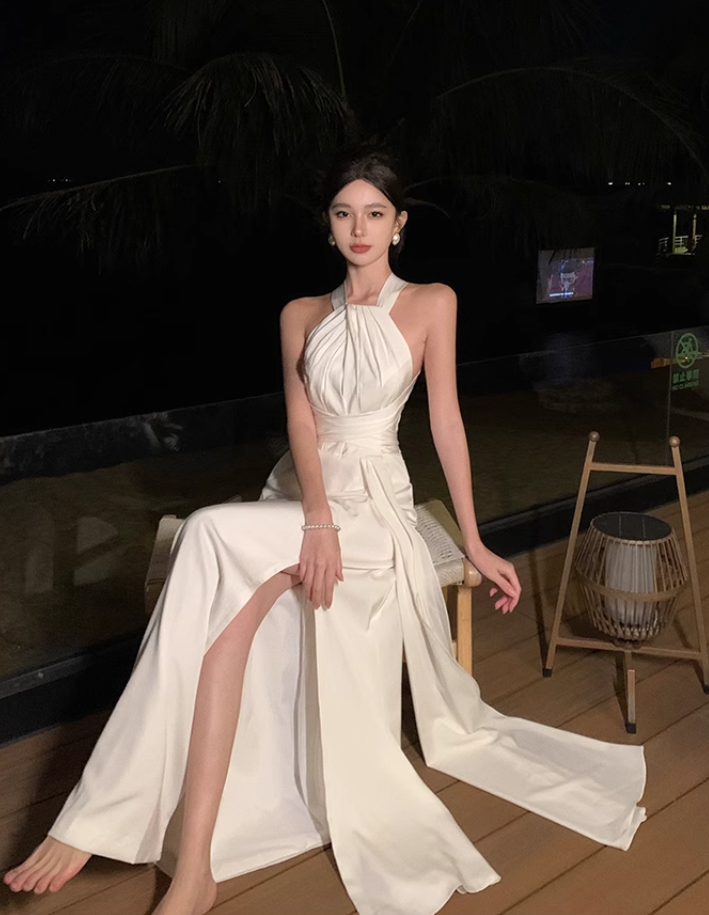 French halter neck slit satin dress backless sexy dress banquet temperament long dress R1617