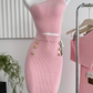 Temperament pure pink gold button off-shoulder short knitted versatile top slim skirt fashion suit R0277