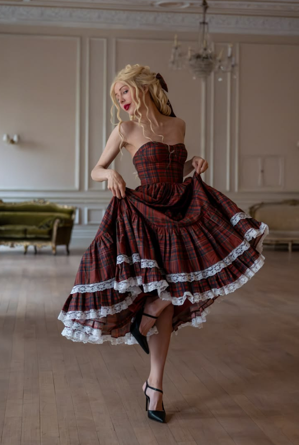 Burgundy Elegant Prom Gown , Flowy Plaid Corset Midi Summer Dress RS1506