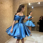 Blue Satin Off-the-shoulder Slim Waist Puffy Skirt Short Skirt Homecoming Dress R5586