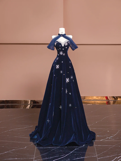 Dark blue strapless, fitted A-line long ball gown R8378