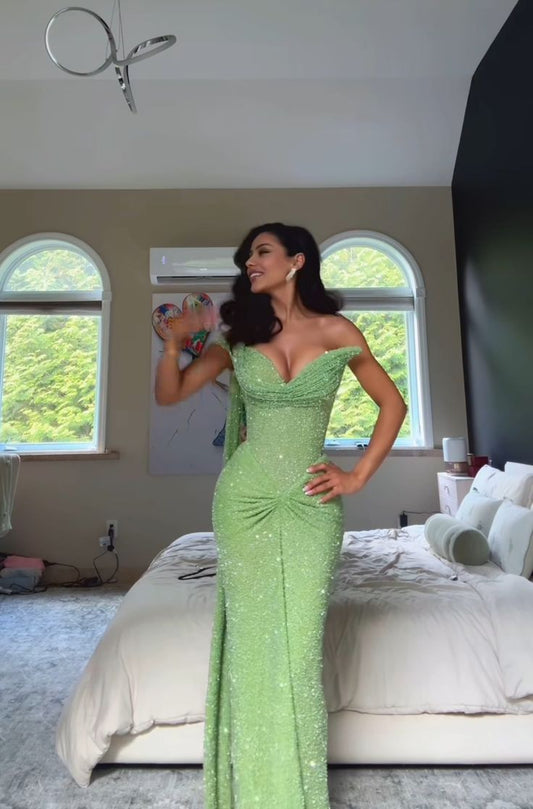Light green sequined slim waist sexy hip-hugging maxi dress, prom dress R5387