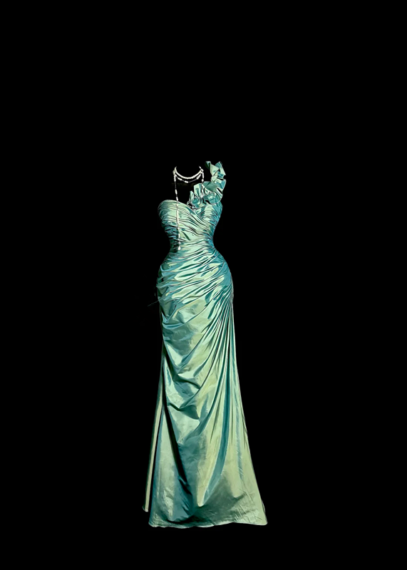 Green satin one-shoulder pleated waist long ball gown R6617