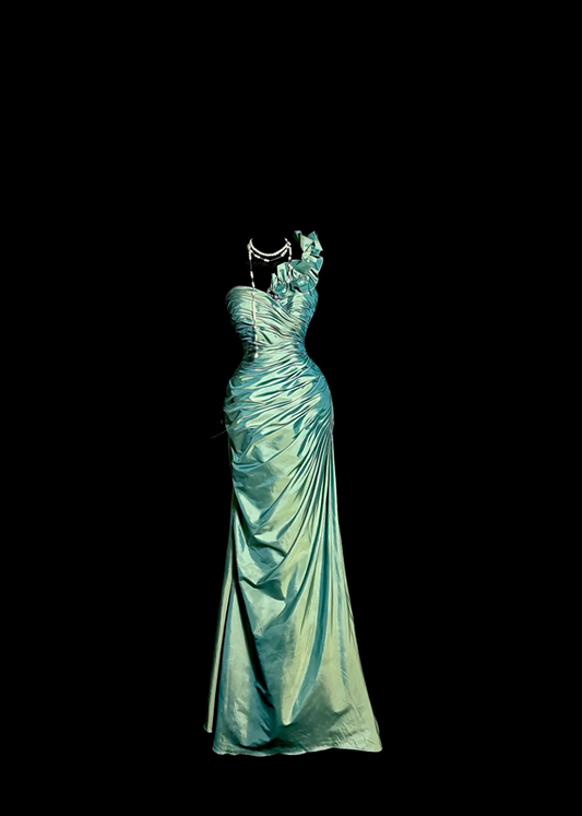 Green satin one-shoulder pleated waist long ball gown R6617