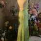 Light green halter neck strap fitted waist long ball gown/bridal dress R7269