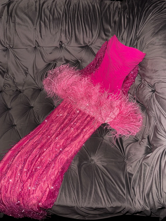 Rose pink off-the-shoulder fitted long ball gown, bridal dress R8803