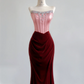 Pink strapless dress with deep red bodycon design, sexy long ball gown R8171