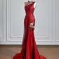 Red one-shoulder fitted waist slim-fitting hip-hugging sexy long ball gown R8150