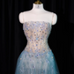 Light gray-blue strapless, fitted waist, full skirt, long ball gown R8923