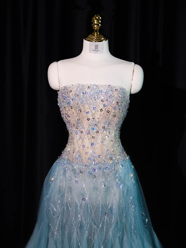 Light gray-blue strapless, fitted waist, full skirt, long ball gown R8923