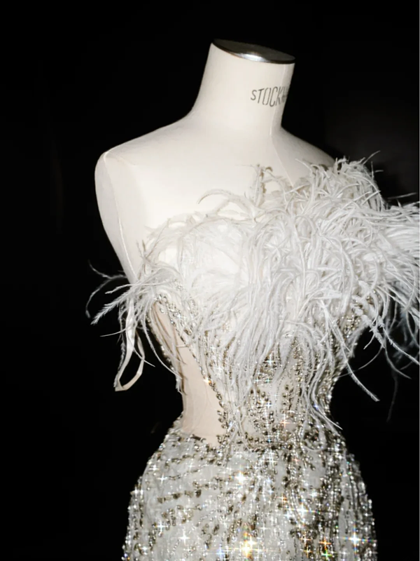 White tube top feather waist slim sequin fishtail maxi dress, prom dress R5662