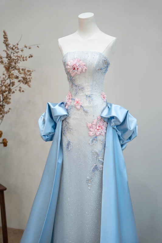 Light blue strapless fitted long ball gown R8893