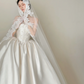 White strapless, waist‑cinching, vintage‑patterned, long ball gown with a fluffy skirt, wedding dress R8002