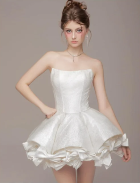 White tube top satin waist temperament puffy princess skirt homecoming dress R4803
