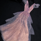 Light pink sequined V-neck fitted A-line long ball gown, bridal dress R8773