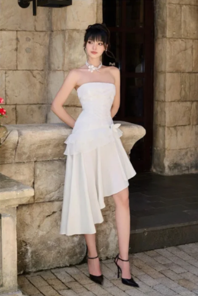White tube top slim waist slimming asymmetrical flowing skirt short skirt homecoming dress R4477