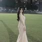 Light nude pink strapless fitted waist bodycon fishtail long ball gown R8649