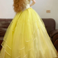 Yellow Off-the-Shoulder Waist-Cinched Puffy-Hem Long-Length Ball Gown, Bridal Gown R7330