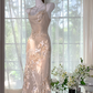 Light pink floral print halter-neck fitted long ball gown R7651