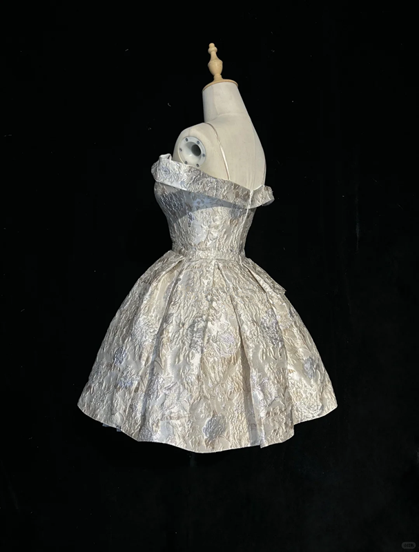 Silver retro pattern suspenders one shoulder waist slimming princess skirt homecoming dress R4924