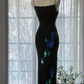 Black halter-neck, blue floral print, fitted waist, long ball gown R6537