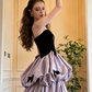 Black strapless fitted bodice with a long purple tulip skirt for a ball gown R8833