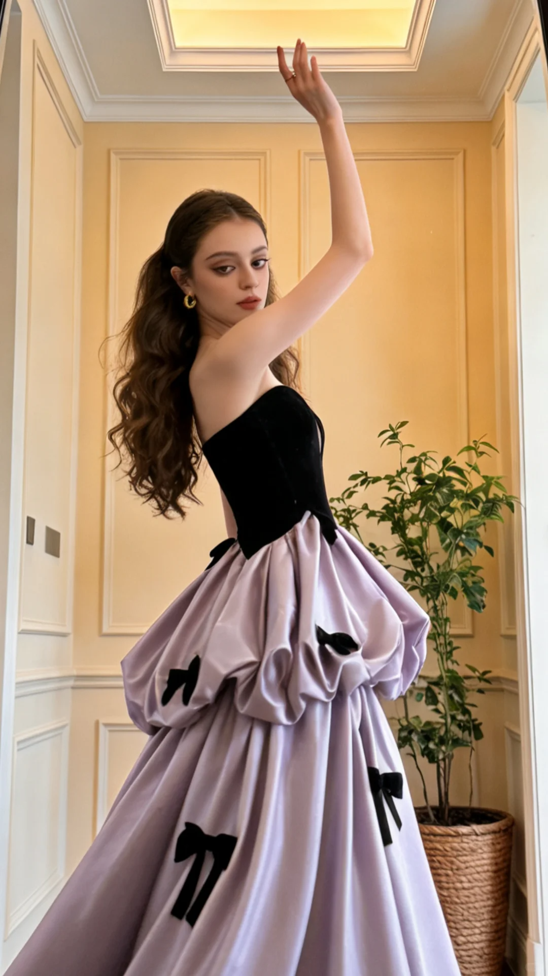 Black strapless fitted bodice with a long purple tulip skirt for a ball gown R8833