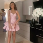 Pink suspender tie waist slim cake A-line short skirt homecoming dress R5466