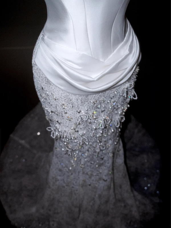 White satin tube top waist hip skirt, prom dress R5626