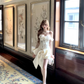 Apricot one-shoulder lace design with slim waist and hip-hugging sexy bow short skirt for homecoming dress R4233