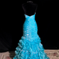 Lake blue strapless fitted waist pleated long ball gown R8680