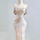 Silver off-the-shoulder fitted bodice, light pink bodycon long ball gown R8202
