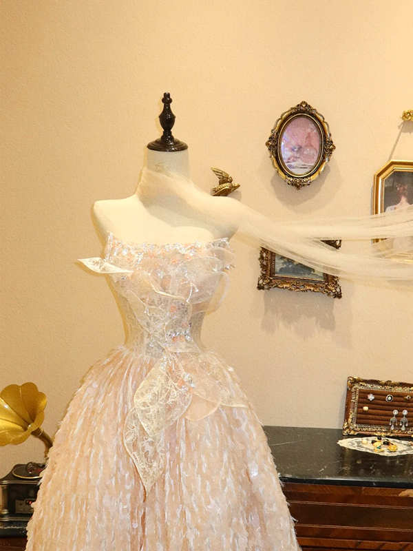 Light pink strapless fitted waist long bridal gown R6577