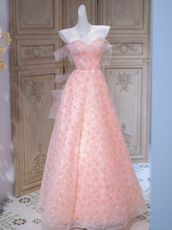 Pink floral one-shoulder slim waist A-line maxi ball gown bridal gown R5859