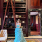 Lake Blue Strapless Waist-Cinched Tiered Tulle Floor-Length Prom Dress R7096