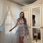 Blue Floral Spaghetti‑Strap Tie‑Waist A‑Line Mini Homecoming Dress R5447