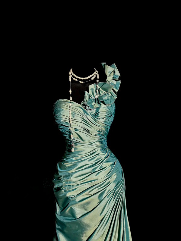 Green satin one-shoulder pleated waist long ball gown R6617