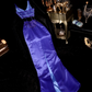 Purple halter-neck fitted satin long ball gown R6856