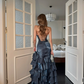 Dark gray-blue halter-neck fitted long sexy ball gown R8863