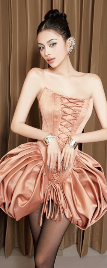 Pink satin tube top waist slim design asymmetrical bud skirt short skirt homecoming dress R4637