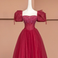Red puff sleeves, delicate neckline, fitted waist, long ball gown, bridal dress R8492