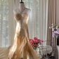 Light brown halter-neck fitted long ball gown with an asymmetrical hem R7763